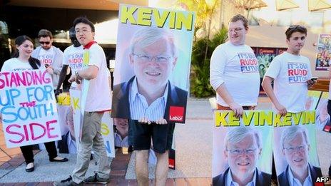 Young people carry Kevin Rudd placards in Brisbane on 21 August 2013