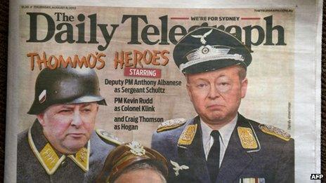 Front page of media tycoon Rupert Murdoch's key tabloid, the Sydney Daily Telegraph, on 8 August 2013