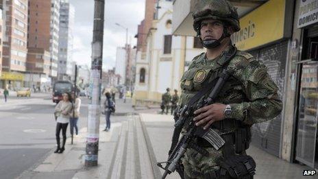 Colombia soldier on a street in Bogota. 30 Aug 2013