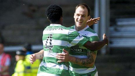 Efe Ambrose congratulates Anthony Stokes on his goal for Celtic