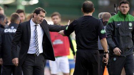 Dundee United manager Jackie McNamara confronts referee Crawford Allan