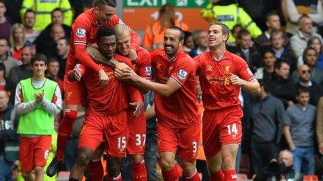 Liverpool celebrate Daniel Sturridge's opener