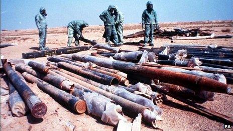 File photo from the UK Ministry of Defence of Iraqi rockets filled with the chemical nerve agent sarin being prepared for destruction after the first Gulf War