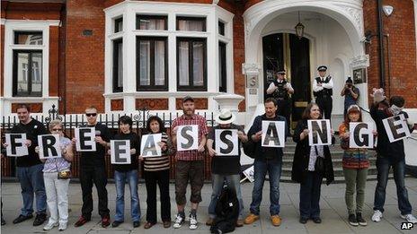 Supporters of Wikileaks founder Julian Assange show letters that read "Free Assange" as they wait for his appearance in front of the Ecuadorian Embassy in London, 16 June 2013