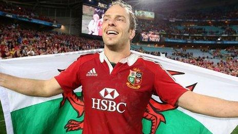 Alun Wyn Jones celebrates after leading the Lions to victory over Australia in the third Test match