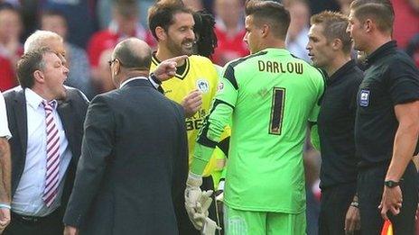 Nottingham Forest manager Billy Davies confronts officials after the game against Wigan