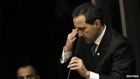 Natan Donadon testifies in front of members of Congress during his final appeal to overturn his conviction for corruption in Brasilia 28 August, 2013