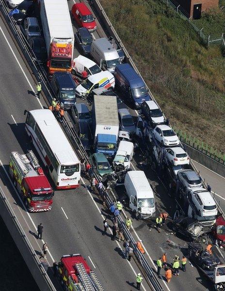 A general view of the scene on the London bound carriageway of the Sheppey Bridge Crossing near Sheerness in Kent