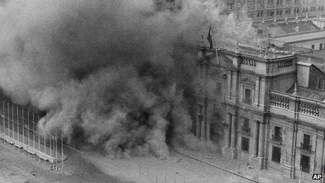 File photo from 11 September 1973 showing the bombing of the presidential palace in Santiago by military jets during a coup against President Allende's government