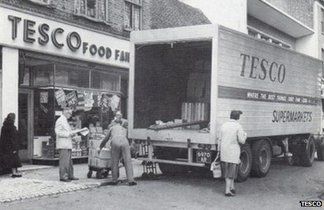 Staff deliver goods to the first "self-service Tesco in St Albans, Hertfordshire in 1948