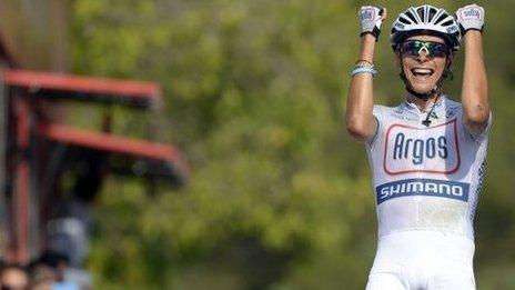 France's Warren Barguil celebrates his victory on stage 13 of the Vuelta a Espana