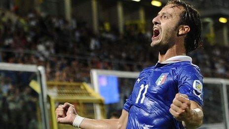 Alberto Gilardinho celebrates after scoring Italy's winner against Bulgaria