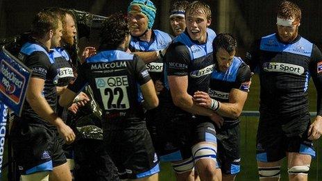 Glasgow celebrate Tommy Seymour's try at Scotstoun