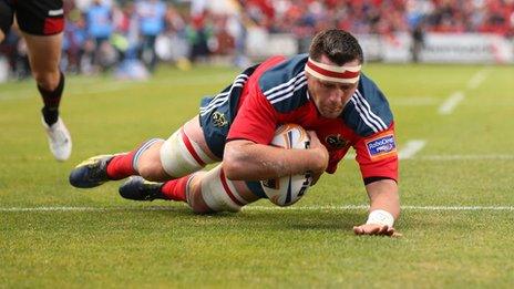 Munster's James Coughlan scores a try against Edinburgh