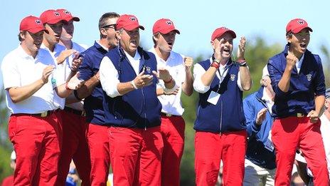 The USA team celebrate on day one at Southampton, NY