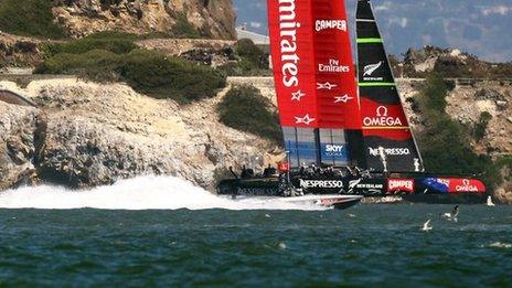 Team NZ race in front of Alcatraz Island