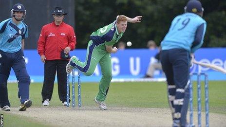 Kevin O'Brien bowling against Scotland on Sunday