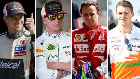 (left to right) Nico Hulkenberg, Kimi Raikkonen, Felipe Massa and Paul Di Resta