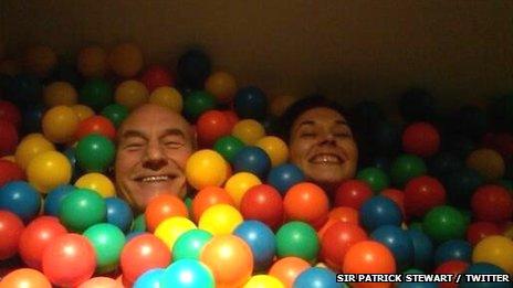 Sir Patrick Stewart in a ball pool with Sunny Ozell