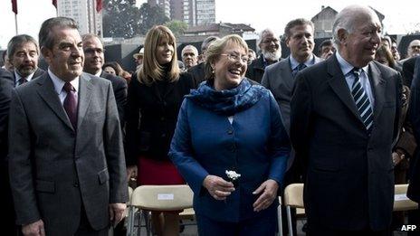 Former president Michelle Bachelet, (2006-2010) (C), Eduardo Frei, (1994-2000) (L) and Ricardo Lagos, (2000-2006) (R)