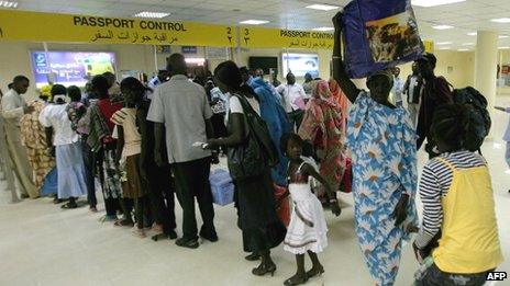 Passport control at an airport in Khartoum, Sudan