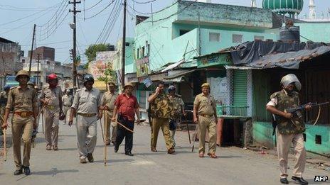 Members of the Indian Army during a curfew in Muzaffarnagar on September 10, 2013.