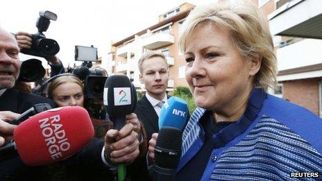 Chairman of the Conservative Party in Norway, Erna Solberg speaks to media (10 September)