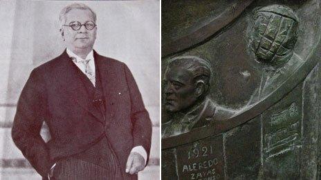 A picture of President Machado (left) and a detail from the Capitolio's scratched out relief of his face