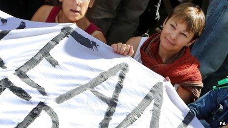 Caroline Lucas protesting in Balcombe