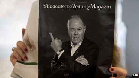 SPD leader Peer Steinbrueck giving finger gesture on cover of Sueddeutsche Zeitung, 13 Sep 13