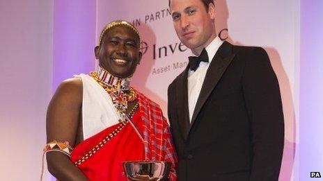 The Duke of Cambridge presents the first Tusk Conservation Award to Tom Lalampaa at the inaugural Tusk Conservation Awards at the Royal Society, London.