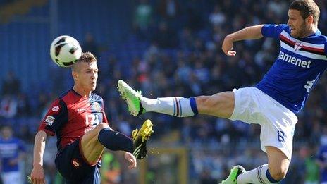 Genoa's Juraj Kucka and Sampdoria's Shkodran Mustafi