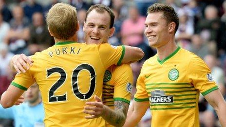 Teemu Pukki and Anthony Stokes celebrate at Tynecastle