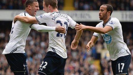 Tottenham players celebrate their opening goal against Norwich