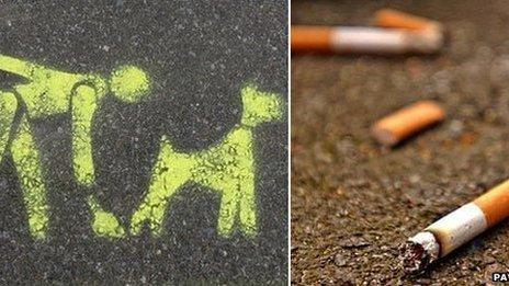 (left) A stencil on the pavement asking you to clean up after your dog, (right) cigarette butts