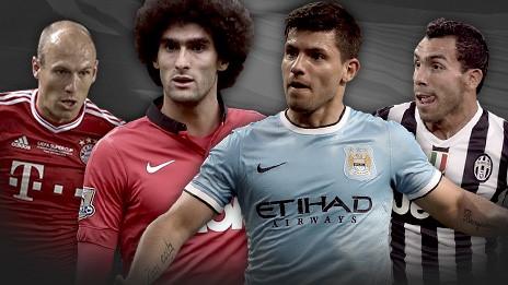 Arjen Robben, Marouane Fellaini, Sergio Aguero and Carlos Tevez