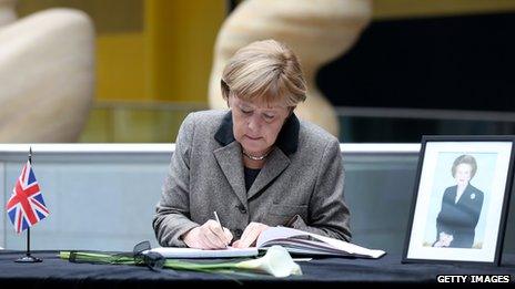 Merkel signs book of condolences for Margaret Thatcher