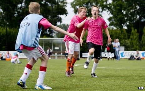 Boys with Down's syndrome playing football