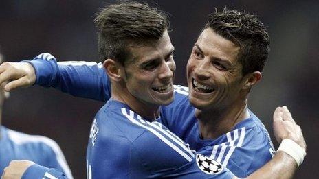 Real Madrid's Cristiano Ronaldo (right) celebrates a goal with team mate Gareth Bale