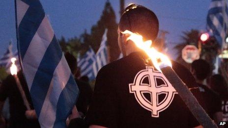 Members and supporters of the extreme right party Golden Dawn march in central Athens on Wednesday 29 May, 2013