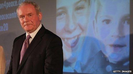 Martin McGuinness and pictures of Tim Parry and Johnathan Ball