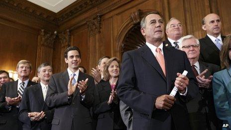 Speaker of the House John Boehner and other House Republican members hold a rally at the US Capitol on 20 September 2013