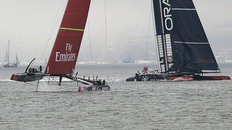 Team New Zealand (left) and Oracle Team USA