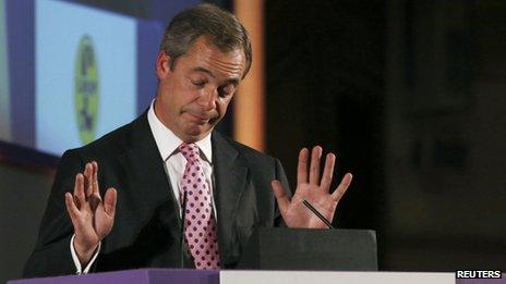 Nigel Farage with his hands raised in a gesture of resignation