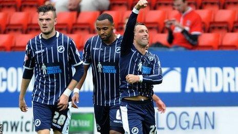 Scott McDonald celebrates putting Millwall ahead against Charlton