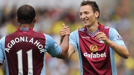 Libor Kozak (right) celebrates his goal for Aston Villa against Norwich