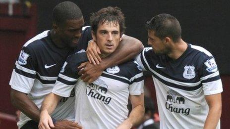 Leighton Baines (centre) celbrates with Sylvain Distin and Kevin Mirallas