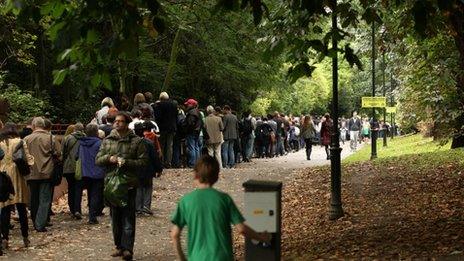 The long queue for entry to Battersea Power Station in London on Sunday