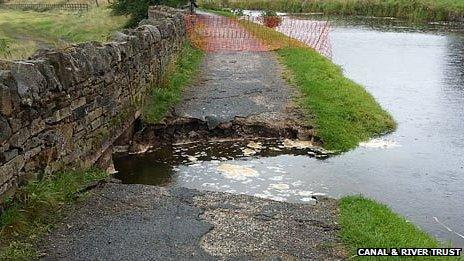 The damaged Leeds and Liverpool Canal towpath