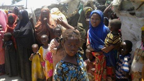 Women and children at a camp for internally displaced people on the edge of Kismayo